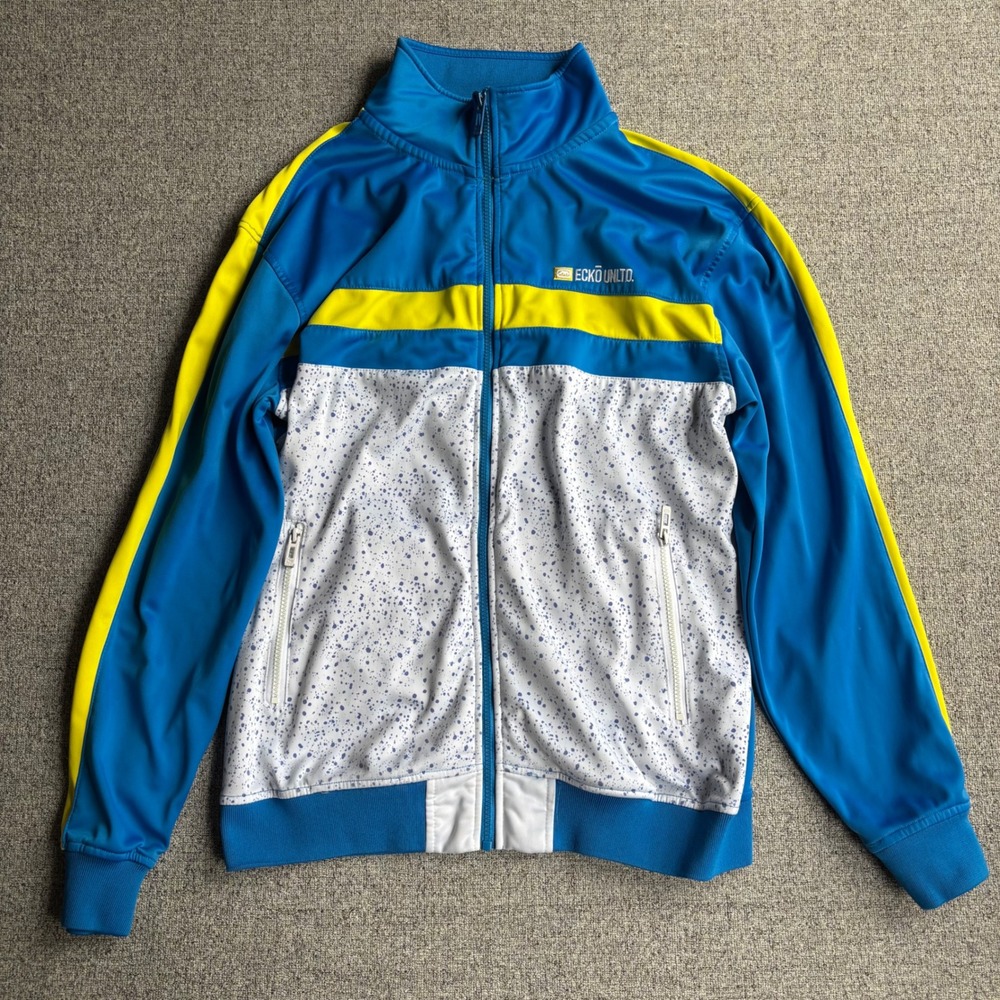 Ecko Unltd Track Jacket Mens L Blue Yellow White‎ Splatter Full Zip Mock Neck